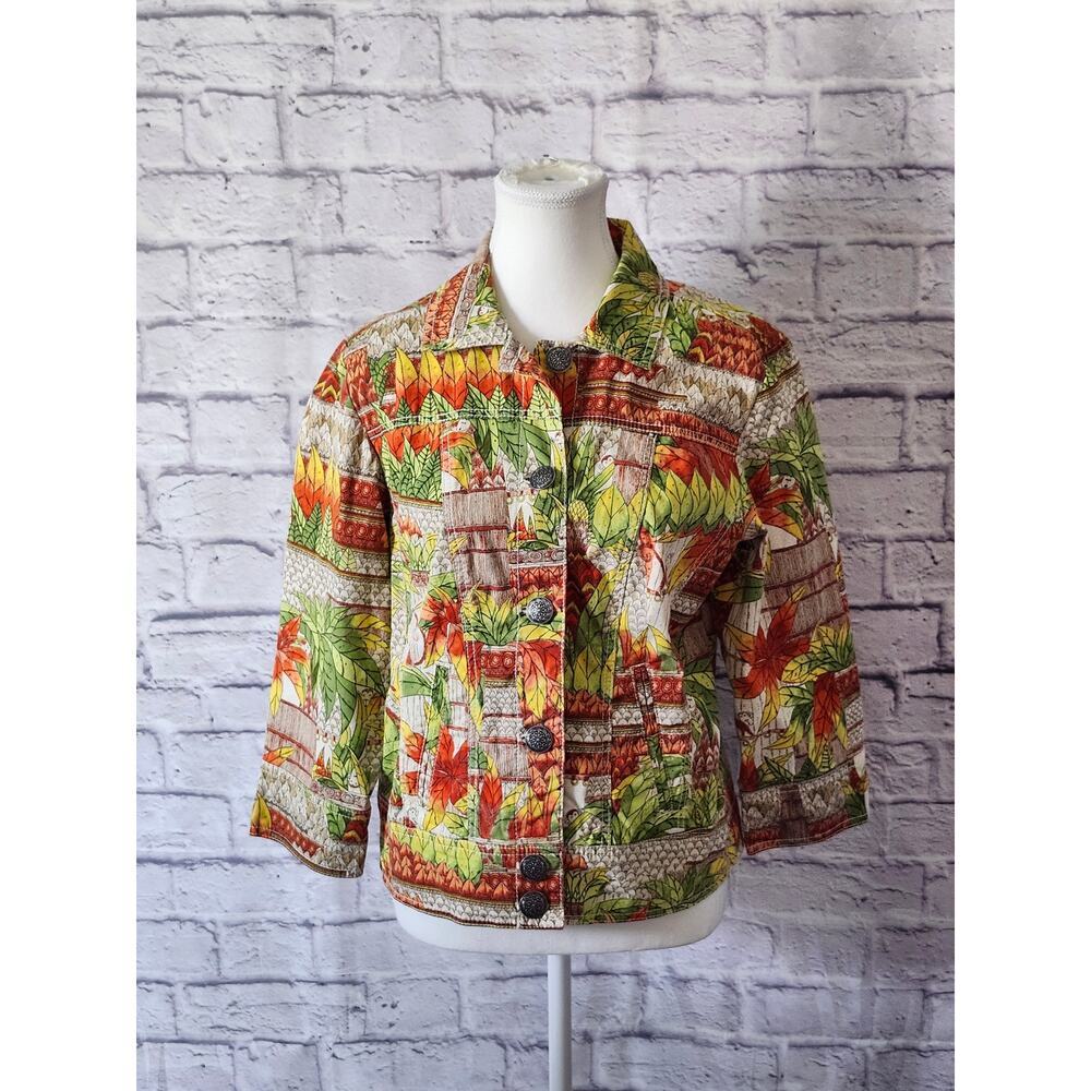 Chico's Jacket Women's Multicolor Sz 1/Medium Cotton Utility Tropical Button Up